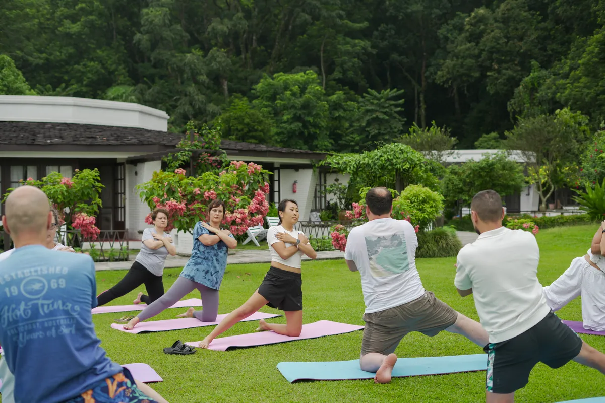 Yoga garden with Himalayan views
