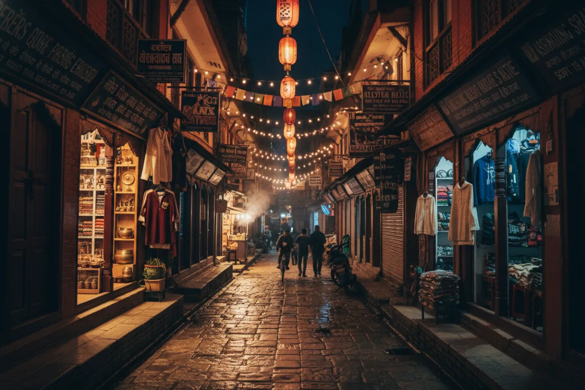 A narrow street in the old quarter at evening, lanterns and craftsmen's signs