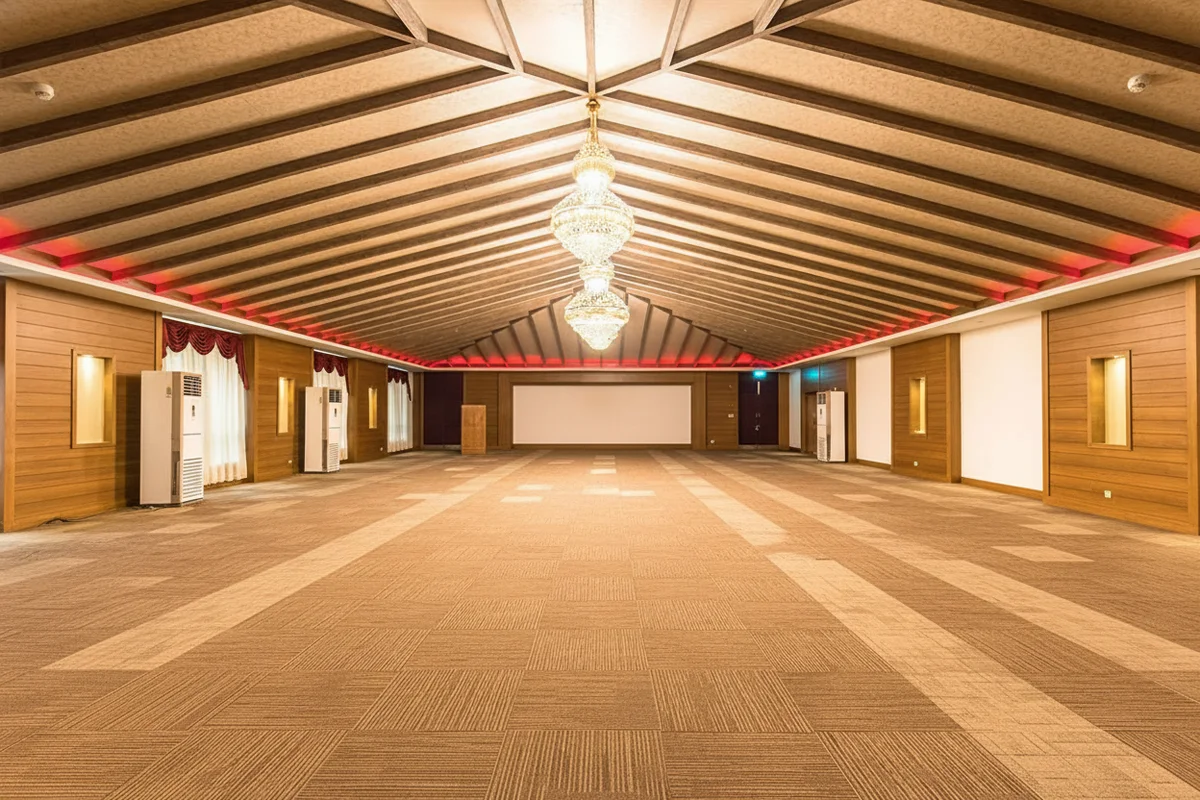 A round ceremony hall with soft light and a wooden floor