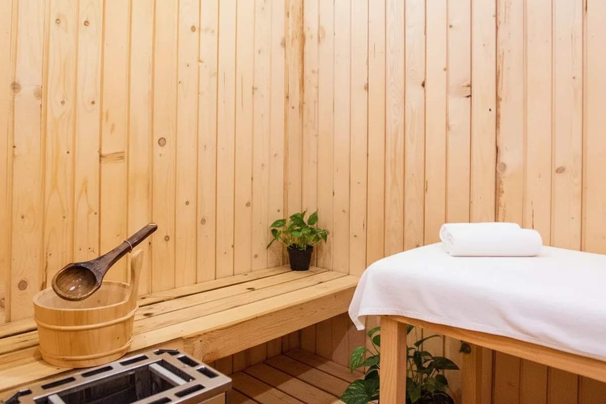 A massage cottage at the resort, warm light and traditional textures